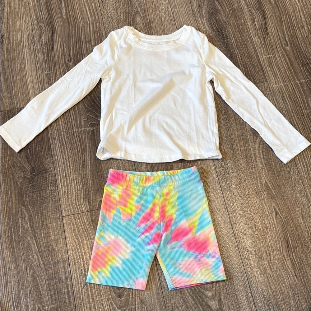 White Long Sleeve Shirt and Tie-Dye Shorts Set